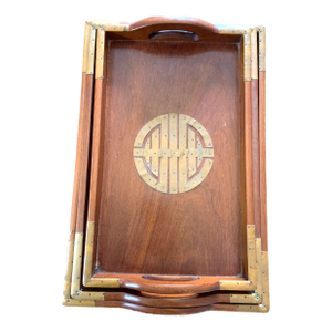Vintage Asian Rosewood Serving Tray With Brass 3 Pieces Mid Century