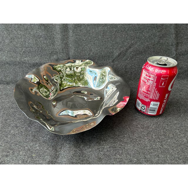 Vintage Alessi Crumpled Stainless Fruit Bread Bowl For Sale - Image 12 of 15
