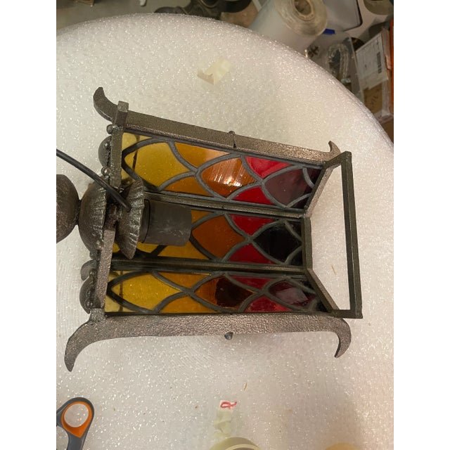 Wrought Iron Stained Glass Single Wall Light, 1960s For Sale - Image 9 of 10