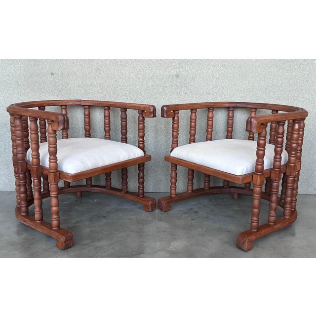 Baroque Early 20th Century Pair of Spanish Slatted Barrel Back Hand Carved Chairs For Sale - Image 3 of 18