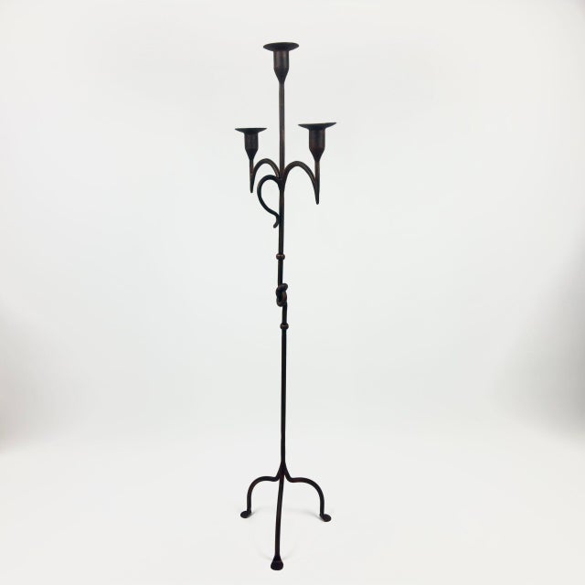 Hand Forged Iron Floor Candelabra 49″ (125cm) Antique Copper Patina 3-Arm Knot Detail Rustic Wedding Decor For Sale - Image 6 of 6