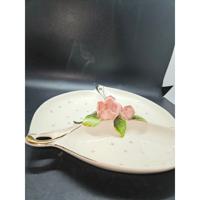Lefton Vintage Mid-Century Lefton Porcelain Divided Dish With Applied Flowers For Sale - Image 4 of 6