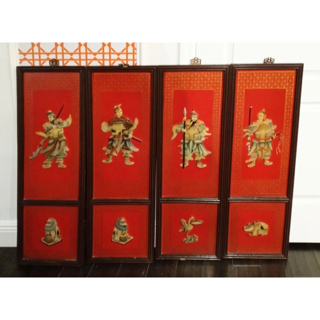 Vintage Chinese Chinoiserie Red Semi Precious Stone Emperor Decorative Wall Panels- Set of 4 For Sale - Image 12 of 12