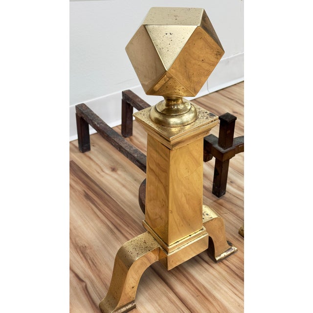 Metal Antique Brass and Cast Iron Andirons or Chenets, a Pair For Sale - Image 7 of 10