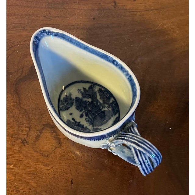 Antique Early 19th Century Chinese Export Canton Porcelain Sauce or Gravy Boat Decorated With Blue & White Landscape Scene For Sale - Image 9 of 13