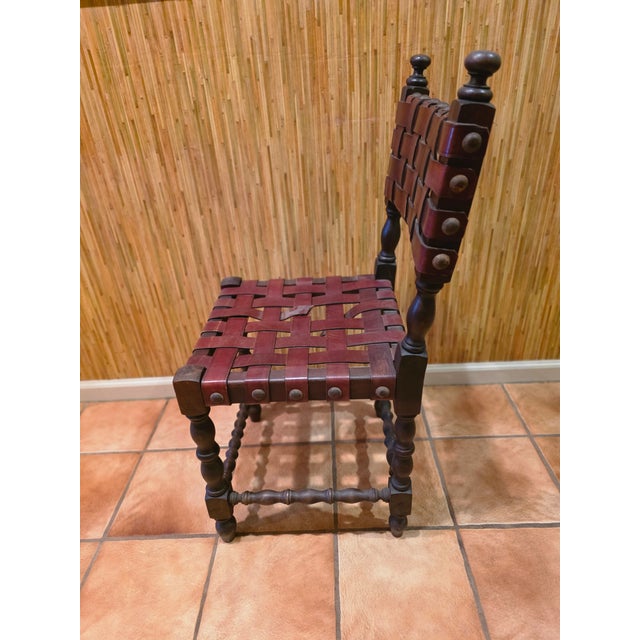 Mid 20th Century Spanish Set of Six Interlaced Leather Wooden Chairs For Sale - Image 12 of 12