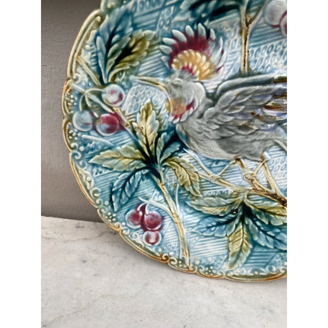 Rustic Majolica Bird With Cherries Plate Wasmuel, Circa 1890 For Sale - Image 3 of 5