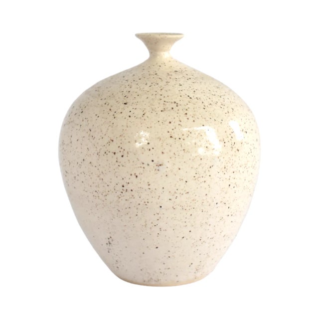 Mid-Century Modern Speckled Narrow Neck Stoneware Pottery Vase For Sale - Image 3 of 7