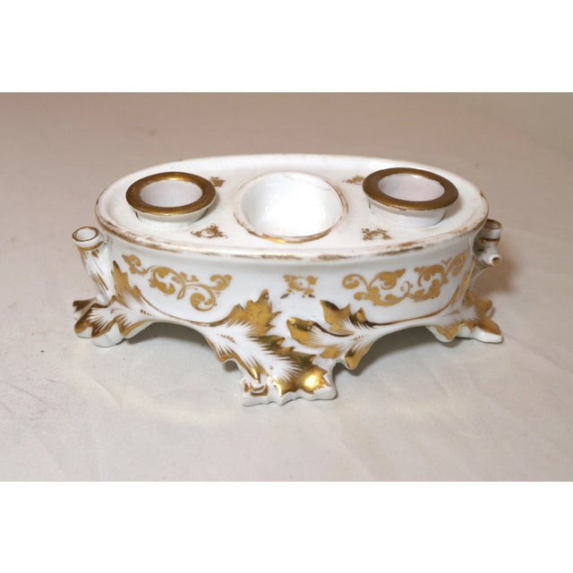 Up for sale is a very nice quality antique 19th century gold gilded porcelain writing inkwell. It's done with very ornate...