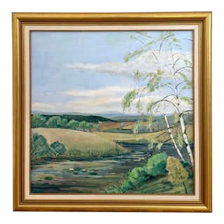Mid 20th Century Large Idyllic Country Scene Original Oil Painting, Framed For Sale