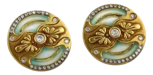 Plique a Jour Enamel & Diamond Round Stud 18k Yellow Gold Earrings, 2 Pieces