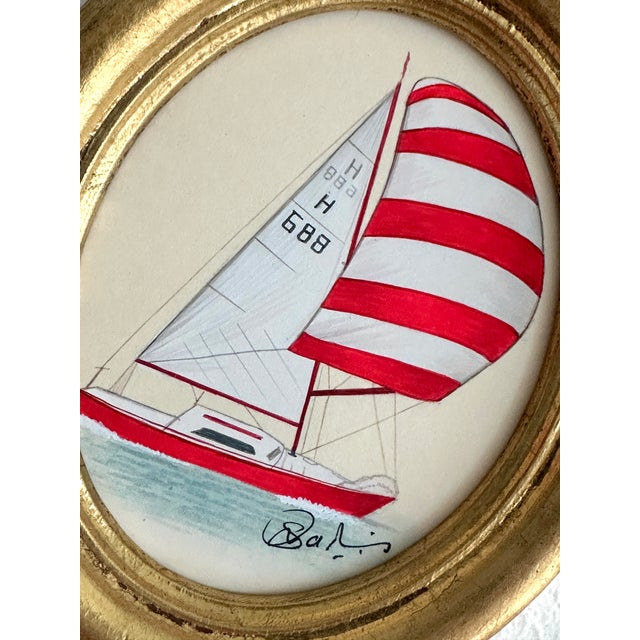Nautical Original Hand-Painted Sailboat Painting, Framed For Sale - Image 3 of 3