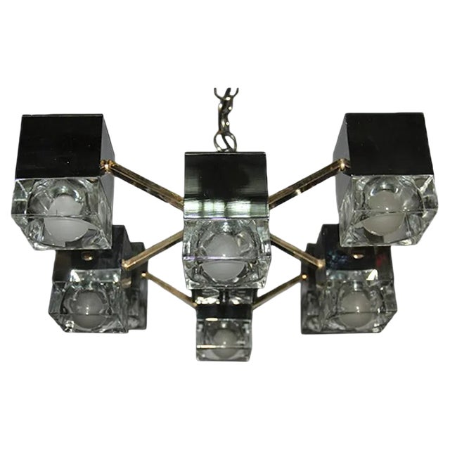 Italian Brass, Glass & Chromed Metal Cubic Chandelier by Gaetano Sciolari, 1970s For Sale