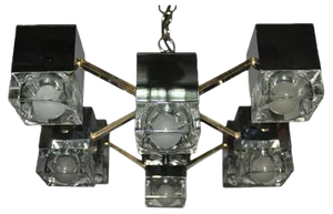 Italian Brass, Glass & Chromed Metal Cubic Chandelier by Gaetano Sciolari, 1970s
