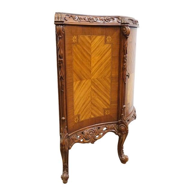 Vintage Antique Banded Walnut French Louis XV Rococo Style 42" Carved Console W. Pastoral Inlay For Sale - Image 10 of 11