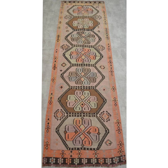 Vintage Turkish Handmade Kilim Runner Rug - A wool on wool, tribal Kilim runner rug that is in used condition. Size: 41.3"...