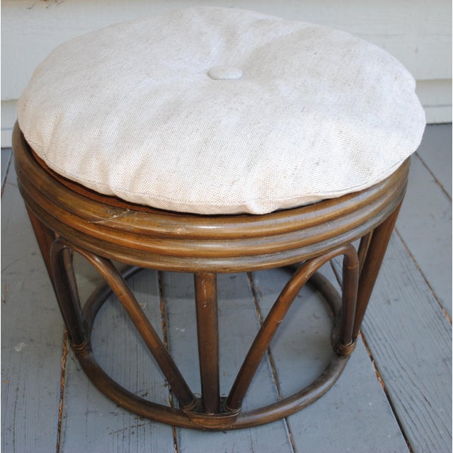 Vintage Bamboo Rattan Round Stool Ottoman With Cushion For Sale - Image 6 of 6