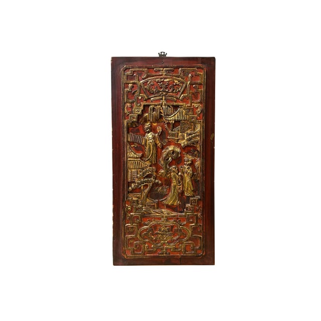 Chinese Vintage Wood Red Golden Relief Carving Wall Hanging Art Plaque For Sale - Image 10 of 10