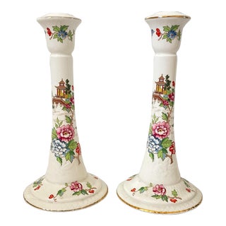 Pagoda by Crown Staffordshire 8” Candleholders. Set of 2. For Sale