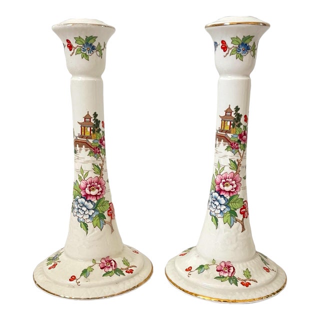 Pagoda by Crown Staffordshire 8” Candleholders. Set of 2. For Sale