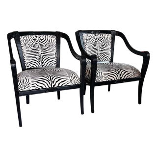 Black Glossy and Cotton Velvet Zebra Armchairs- A Pair For Sale