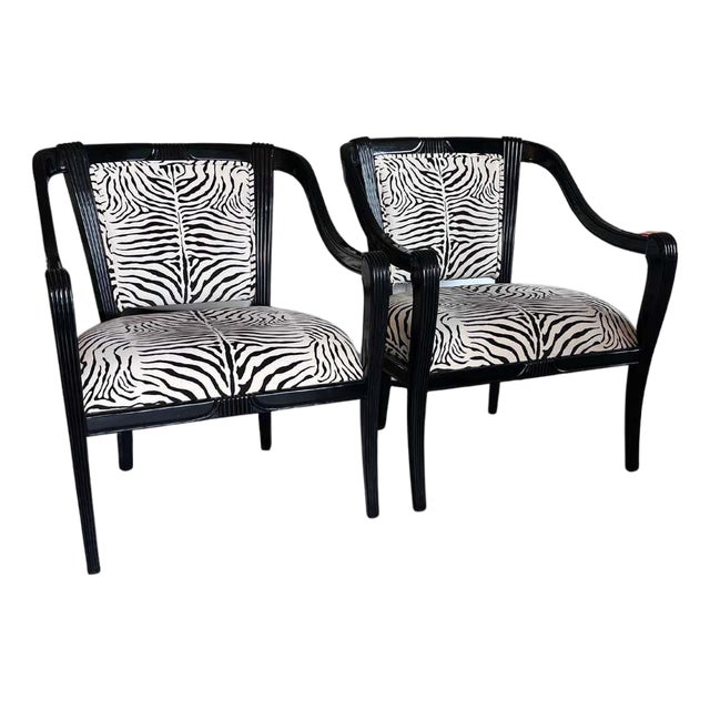 Black Glossy and Cotton Velvet Zebra Armchairs- A Pair For Sale