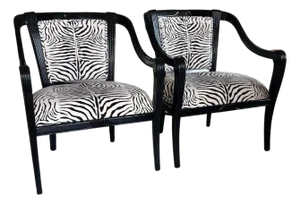 Black Glossy and Cotton Velvet Zebra Armchairs- A Pair