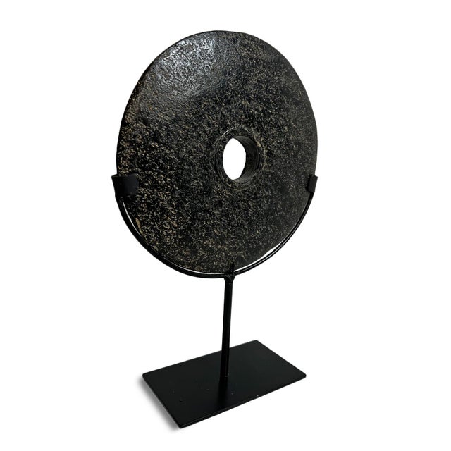 Beautiful modern minimalist style vintage black stone disk on iron stand. Textured stone with a polished finish. Each is...