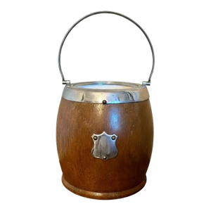 Antique English Oak Biscuit Barrel With Silver Shield Crest and Porcelain Liner