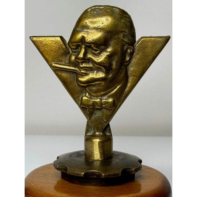 1 Fine British Original Mid Century 1940's WW2 Rare Small Winston Churchill V For Victory Bronze Car Mascot Sculpture On...