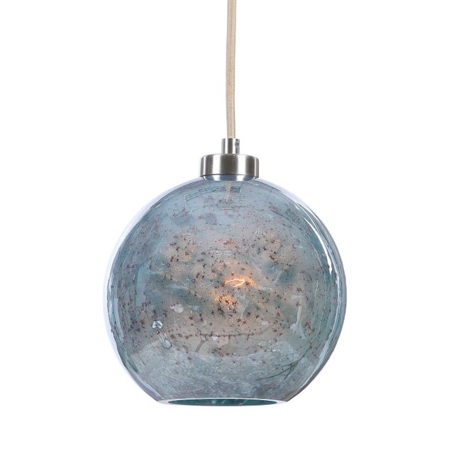 Blue Aqua Stone Glass Is The Focus Of This 1 Lt. Pendant With Beige Fabric Cord And A Brushed Nickel Metal Finish. This...