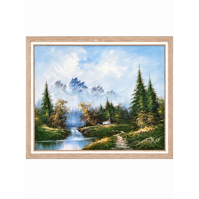 Signed Mountain, Cabin and Waterfall Landscape Painting on Canvas in Ribbed Frame For Sale - Image 4 of 10