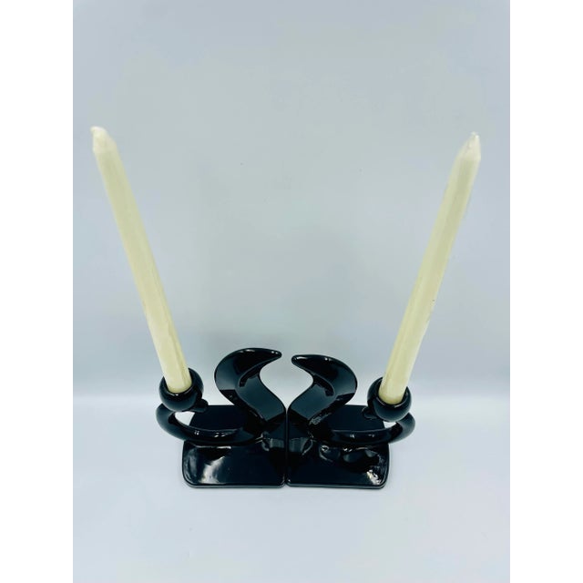 Black Pair of Early 20th Century Art Deco "Flame" Black Glass Candle Holders For Sale - Image 8 of 12