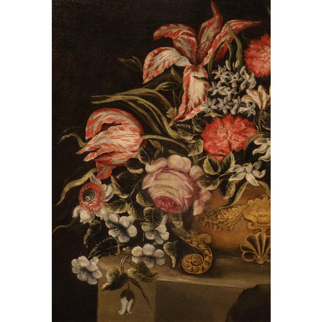 Maestro dei Vasi a Grottesche, Flower Composition in a Renaissance Vase, 17th Century, Oil Painting on Canvas, Framed For Sale - Image 4 of 15
