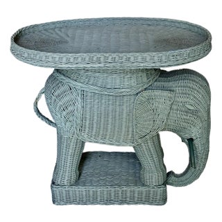 Vintage Green Wicker Elephant Side Table With Removable Tray For Sale
