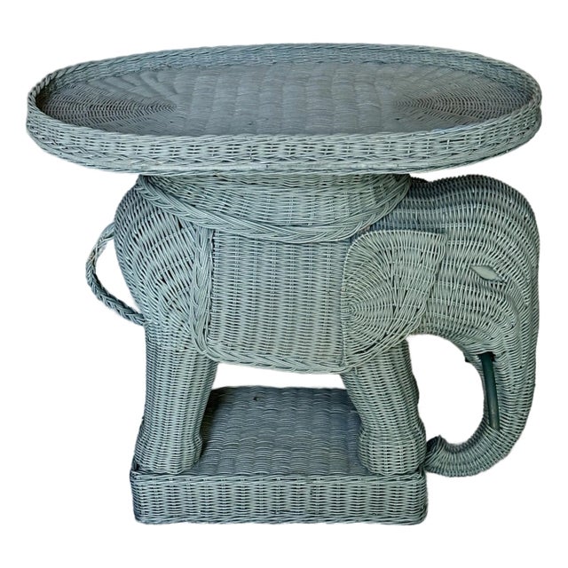 Vintage Green Wicker Elephant Side Table With Removable Tray For Sale