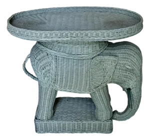 Vintage Green Wicker Elephant Side Table With Removable Tray