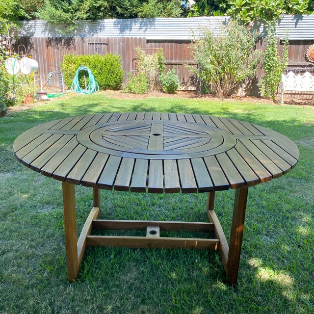 Wood Outdoor Wood Table With Lazy Suzy Center - 63" Round For Sale - Image 7 of 18