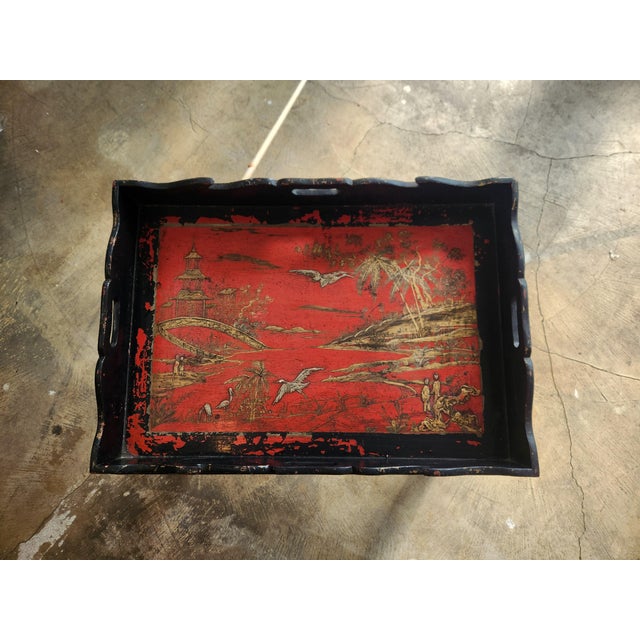 Chinoiserie Carved Wood Chinoiserie Black and Red Lacquered Butler's Tray Table For Sale - Image 3 of 11