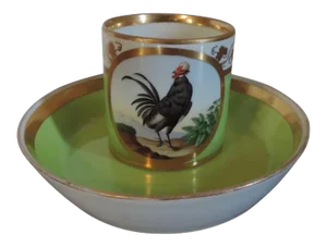 Early 19th Century Vienna Porcelain Coffee Can Cup and Saucer with Hand Painted Rooster or Cockerel 1800