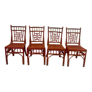 1960s Red Vintage Faux Bamboo Dining Chairs - Set of 4