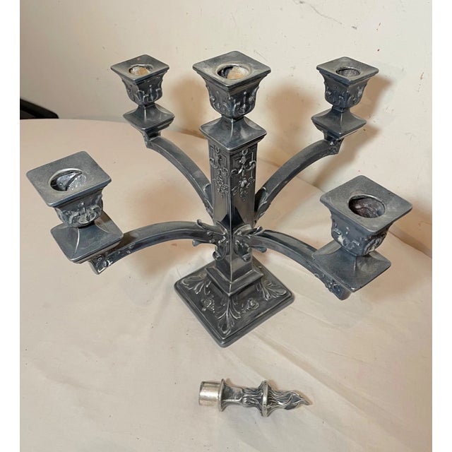 Metal Antique Ornate 5 Branch Silver-Plate w.b. Candlestick Candelabra Centerpiece For Sale - Image 7 of 10