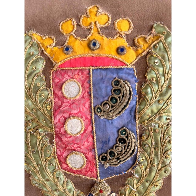 Early 21st Century Pair of Velvet Pillows With 19th Century Metallic & Silk Embroidered Crests For Sale - Image 5 of 11