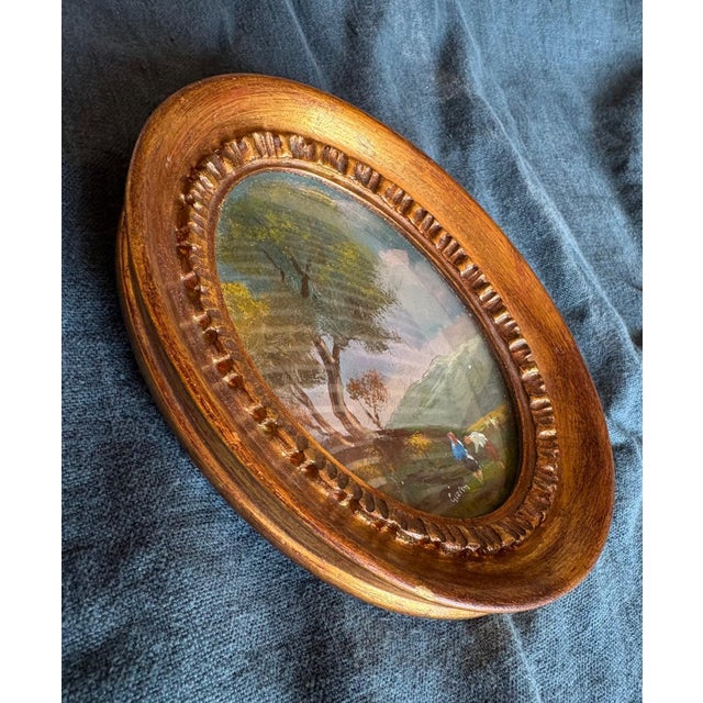 French Vintage French Miniature Oil Painting, Signed Bucolic Landscape in Original Oval Gilt Frame For Sale - Image 3 of 10