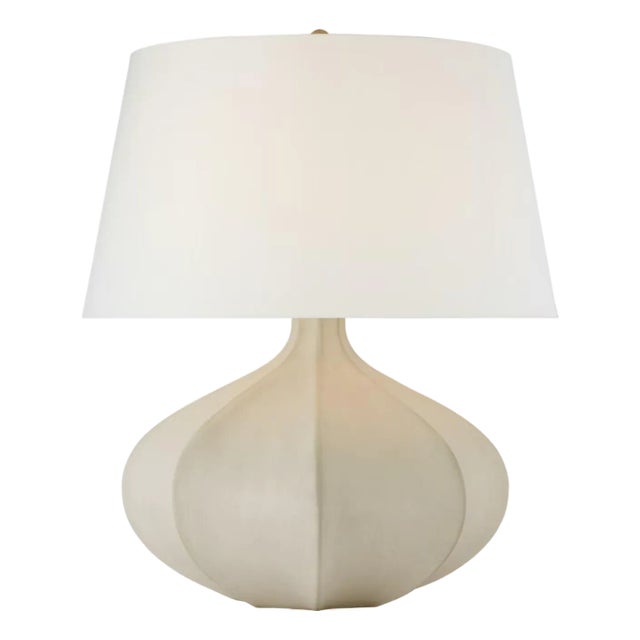 AERIN by Visual Comfort Signature Rana Medium Wide Table Lamp in Stone White with Linen Shade For Sale