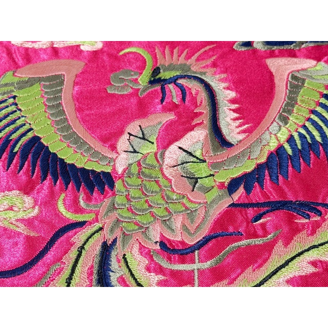 Magenta Asian Square Magenta Phoenix Bats Blossom Flower Fabric Display Art For Sale - Image 8 of 8