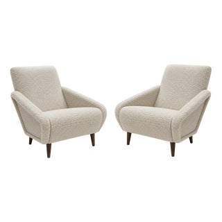 Italian Armchairs Upholstered in Ivory Wool and Wooden Legs, 2010s, Set of 2 For Sale