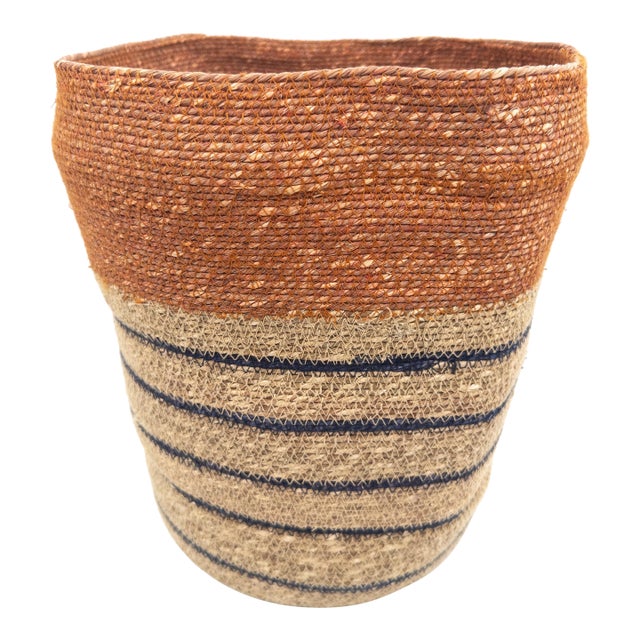 Handwoven Indian Seagrass Basket in Terracotta, Natural & Indigo Accents For Sale