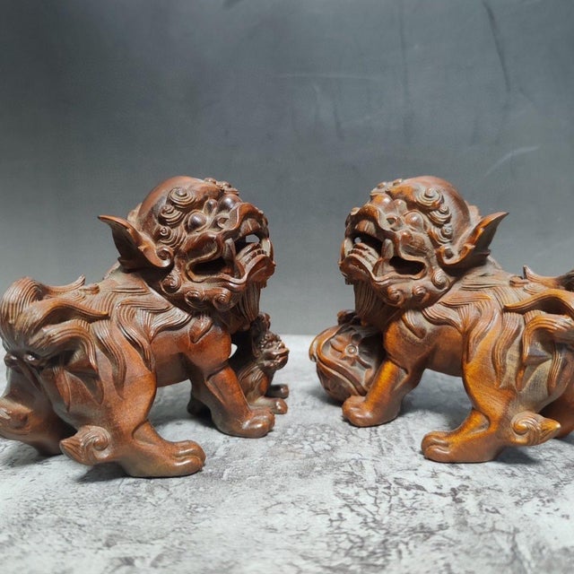 Late 20th Century Pair of Boxwood Carved “Ruyi Lion” Statues – Auspicious Chinese Wood Sculpture Set For Sale - Image 6 of 9