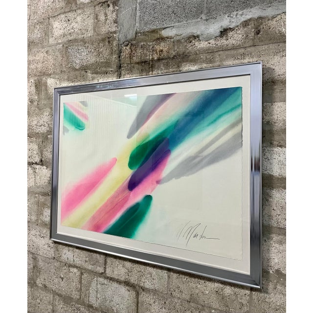 1970s 1970s Postmodern Abstract Washed Colors Framed Painting Signed in Pencil by the Artist For Sale - Image 5 of 13